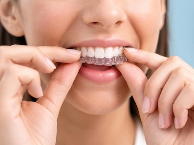 A female Invisalign patient places her clear aligners on her teeth in Chattanooga, TN